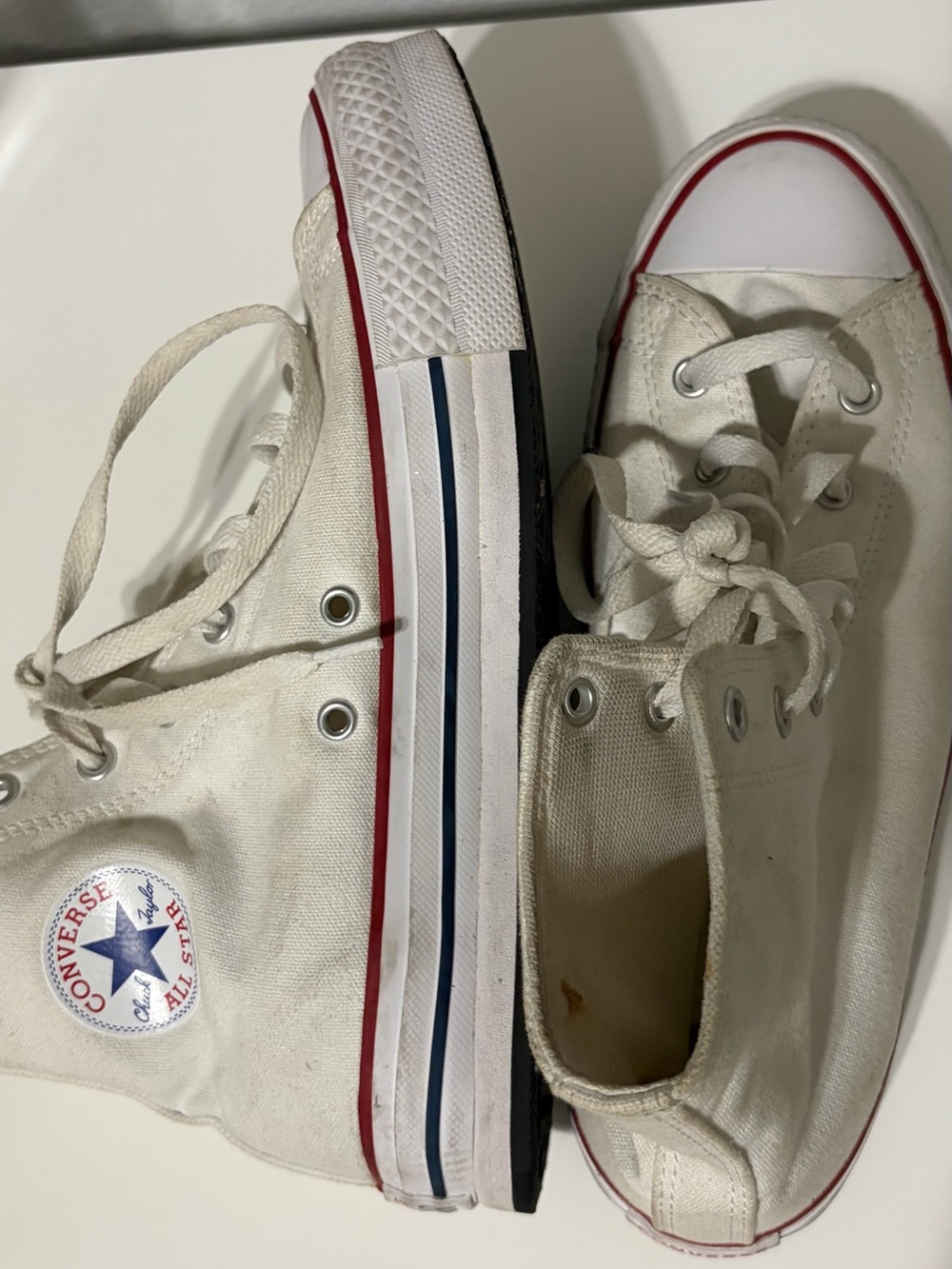 Converse White Kids High-Top Sneakers with Red & Blue Trim